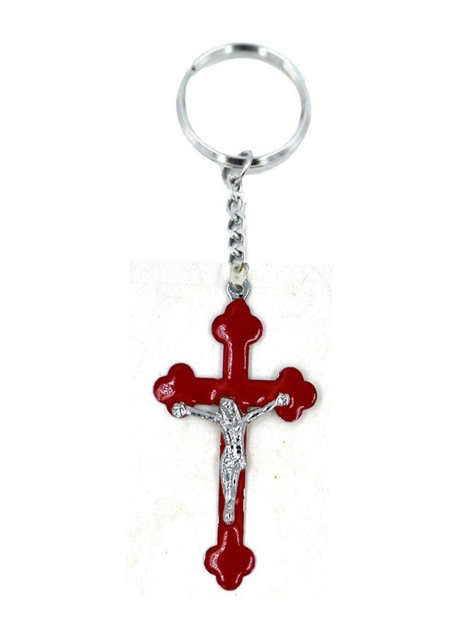 AFH Red Holi Cross Silver Plated Religious Key Chain - Image 1